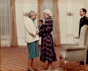 Dorothy Livesay receiving the Governor General's award commemorating the Persons Case.
